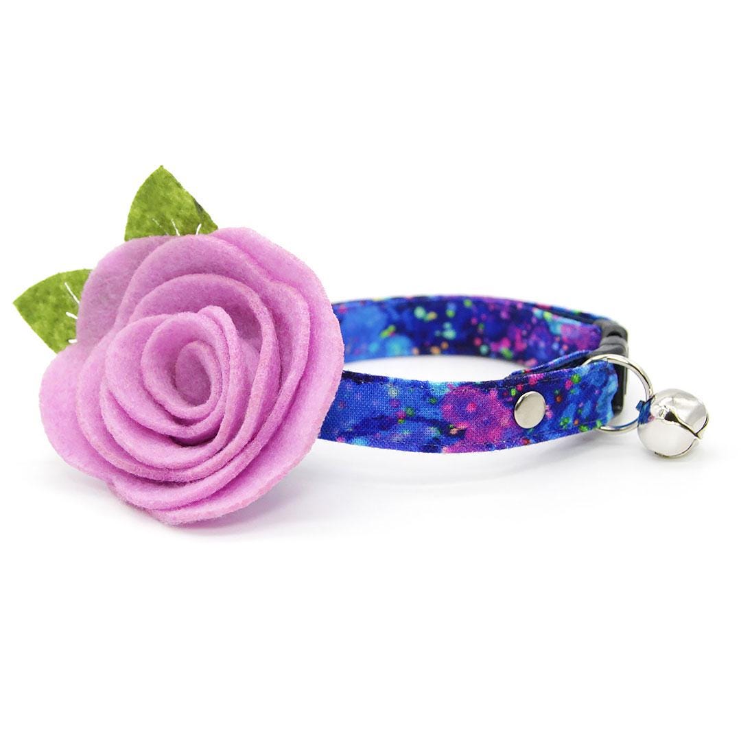 Retro Fun Cat Collar - "Neon Nebula" - Galaxy Blue & Purple Paint Spatter Cat Collar / 80s, Vaporwave / Breakaway Buckle or Non-Breakaway / Cat, Kitten + Small Dog Sizes