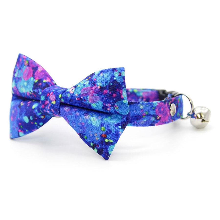 Retro Fun Bow Tie + Cat Collar Set - "Neon Nebula" - Galaxy Blue & Purple Space Cat Collar with Bow Tie / 80s, Vaporwave / Cat, Kitten, Small Dog Sizes