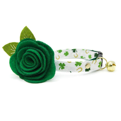 St. Paddy Cat Collar + Flower Set - "Lucky Horseshoes" - Green, Gold & White Cat Collar w/ Clover Green Felt Flower (Detachable) / St. Patrick's Day / Cat, Kitten + Small Dog Sizes