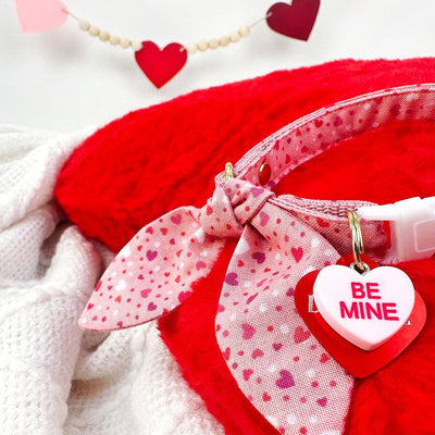 Cat Collar and Bunny Ear Bow Set - "Cupid Confetti" - Pink Heart Cat Collar w/ Matching Bunny Bow Tie / Valentine's Day, Birthday / Tie-On Scarf / Cat, Kitten + Small Dog Sizes
