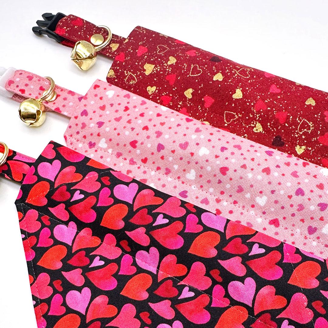 Heart Cat Bandana - "Amour" - Red & Gold Valentine's Day Bandana for Cat + Small Dog / Slide-on Bandana