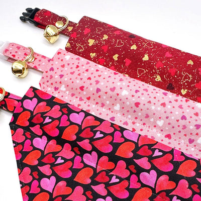 Heart Cat Bandana - "Amour" - Red & Gold Valentine's Day Bandana for Cat + Small Dog / Slide-on Bandana