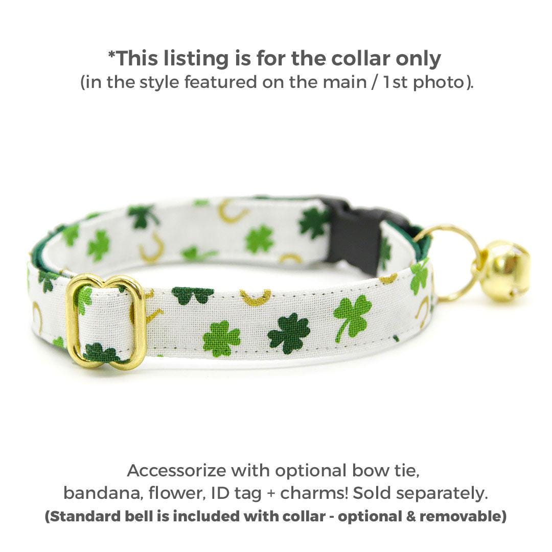 St. Patrick's Day Cat Collar - "Lucky Horseshoes" - Shamrock Green Gold & White Cat Collar / Breakaway Buckle or Non-Breakaway / Cat, Kitten + Small Dog Sizes