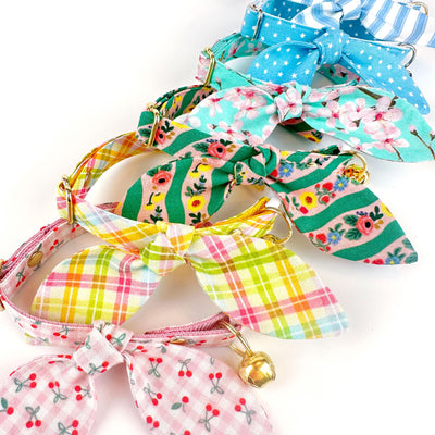 Cat Collar and Bunny Ear Bow Set - "Spring Basket" - Yellow Pastel Plaid Cat Collar w/ Matching Bunny Bow Tie / Spring, Easter, Summer / Tie-On Scarf / Cat, Kitten + Small Dog Sizes