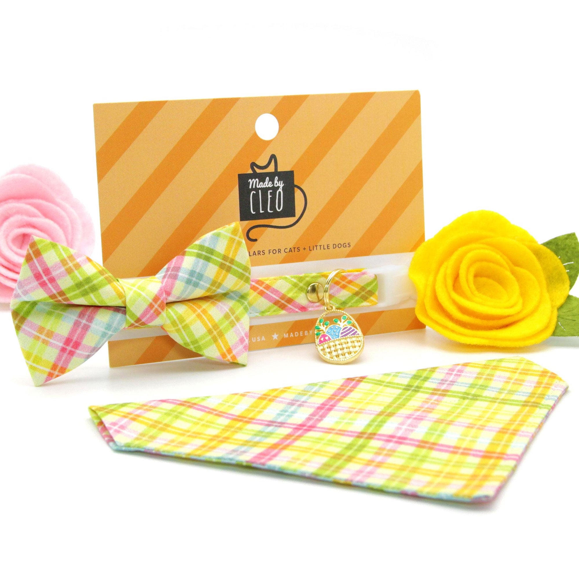 Spring Plaid Cat Bandana - "Spring Basket" - Yellow Pastel Plaid Bandana for Cat + Small Dog / Easter, Summer / Slide-on Bandana