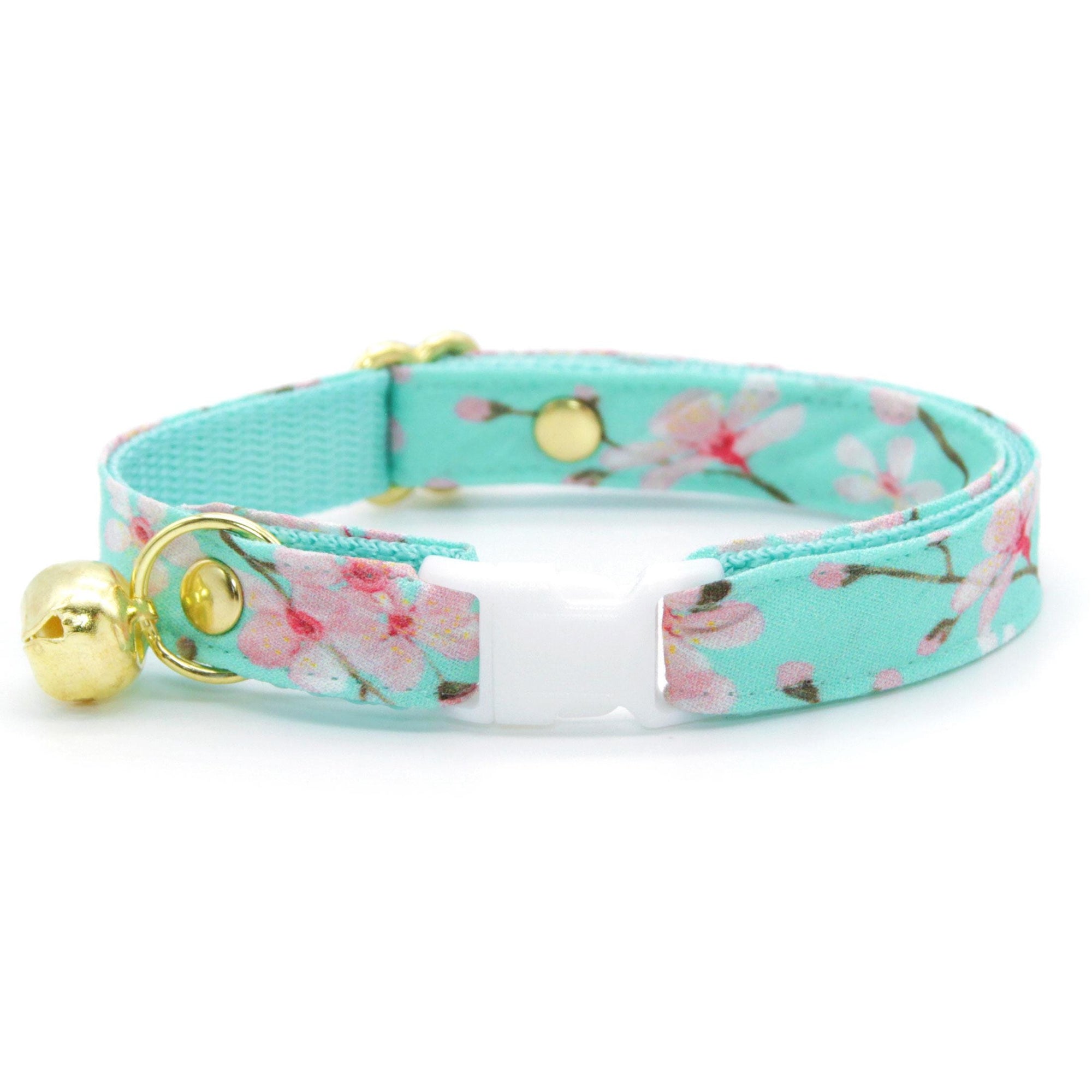 Cherry Blossom Bow Tie Cat Collar Set - "Cherry Blossoms" - Spring Floral Cat Collar with Bow Tie / Mint Turquoise, Japanese / Cat, Kitten, Small Dog Sizes