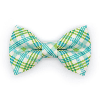 Green Plaid Bow Tie Cat Collar Set - "Gable Plaid" - Teal & Green Cat Collar with Bow Tie / Spring, Summer, Fall / Cat, Kitten, Small Dog Sizes