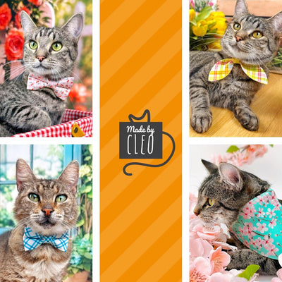 Cat Collar and Bunny Ear Bow Set - "Skylight" - Windowpane Check Plaid Blue Cat Collar w/ Matching Bunny Bow Tie / Spring + Summer / Tie-On Scarf / Cat, Kitten + Small Dog Sizes