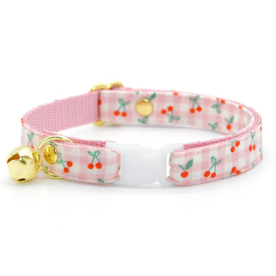 Cherry Cat Collar - "Cherry Jubilee" - Pink Gingham Cherries Cat Collar / Fruit, Spring, Summer / Breakaway Buckle or Non-Breakaway / Cat, Kitten + Small Dog Sizes
