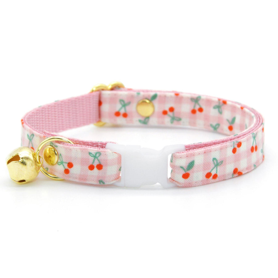 Cherry Cat Collar - "Cherry Jubilee" - Pink Gingham Cherries Cat Collar / Fruit, Spring, Summer / Breakaway Buckle or Non-Breakaway / Cat, Kitten + Small Dog Sizes