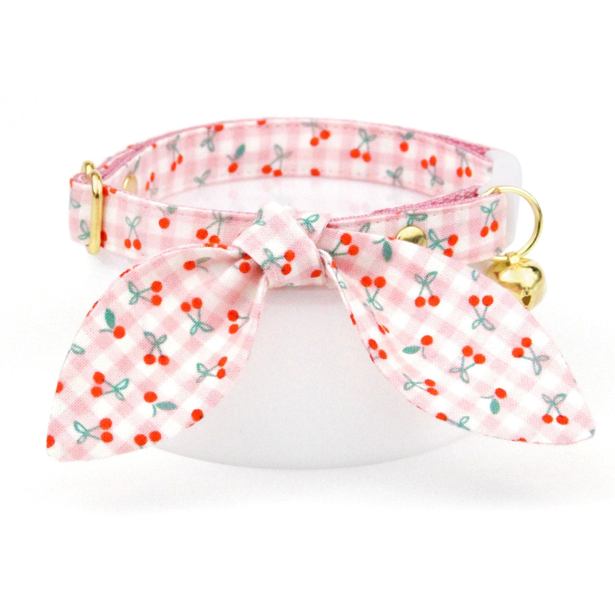 Cherry Cat Collar - "Cherry Jubilee" - Pink Gingham Cherries Cat Collar / Fruit, Spring, Summer / Breakaway Buckle or Non-Breakaway / Cat, Kitten + Small Dog Sizes