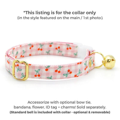 Cherry Cat Collar - "Cherry Jubilee" - Pink Gingham Cherries Cat Collar / Fruit, Spring, Summer / Breakaway Buckle or Non-Breakaway / Cat, Kitten + Small Dog Sizes