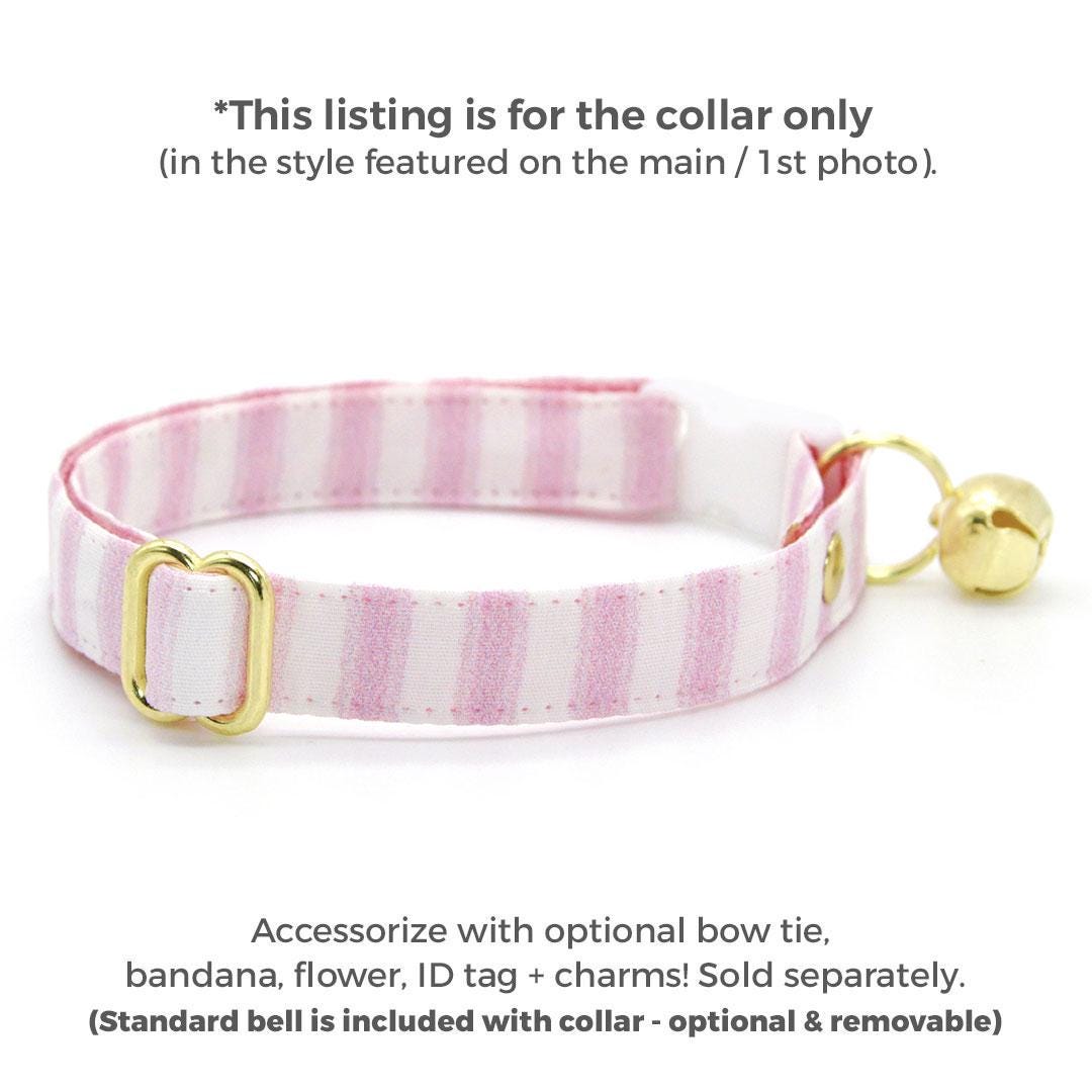 Pink Cat Collar - "Veranda - Pink" - Pastel Pink Striped Cat Collar / Spring, Summer, Seersucker / Breakaway Buckle or Non-Breakaway / Cat, Kitten + Small Dog Sizes
