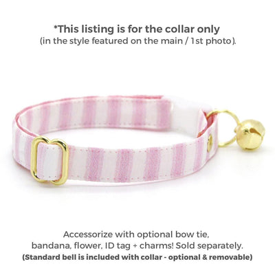 Pink Cat Collar - "Veranda - Pink" - Pastel Pink Striped Cat Collar / Spring, Summer, Seersucker / Breakaway Buckle or Non-Breakaway / Cat, Kitten + Small Dog Sizes