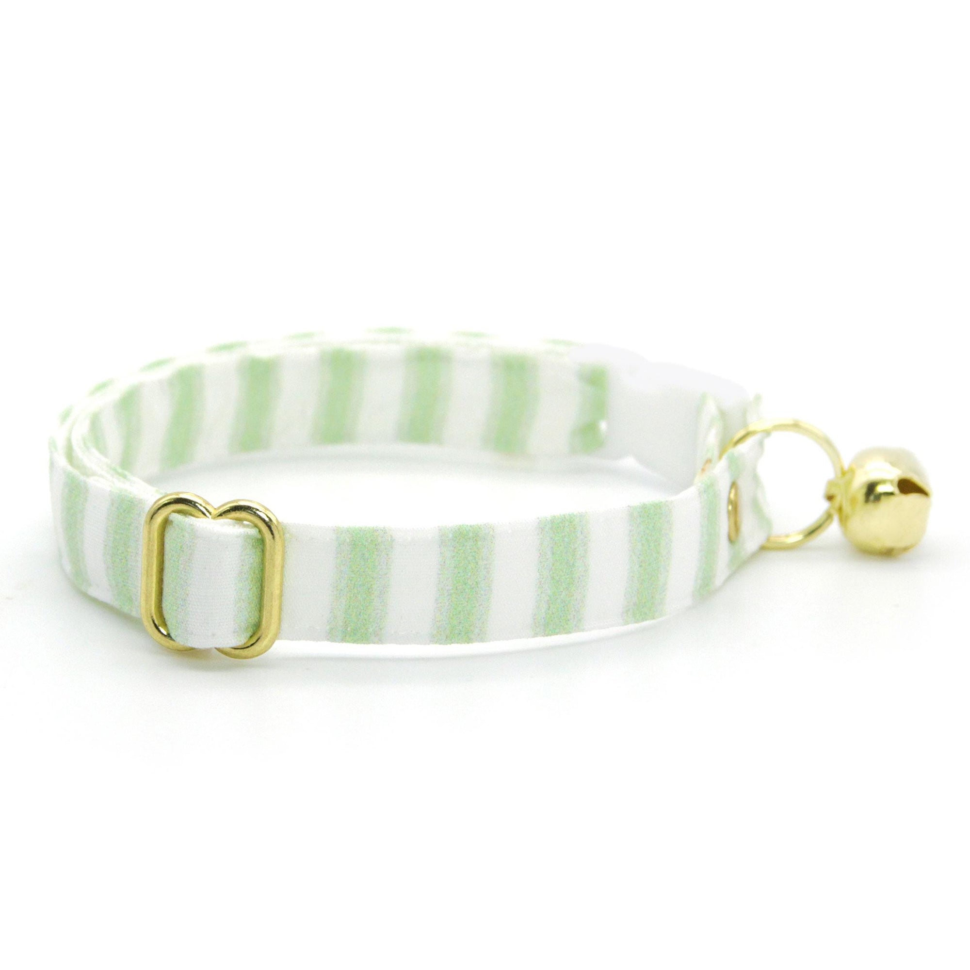 Striped Cat Collar + Flower Set - "Veranda - Green" - Seersucker Stripes Cat Collar w/ Leaf Green Felt Flower (Detachable) / Cat, Kitten + Small Dog Sizes