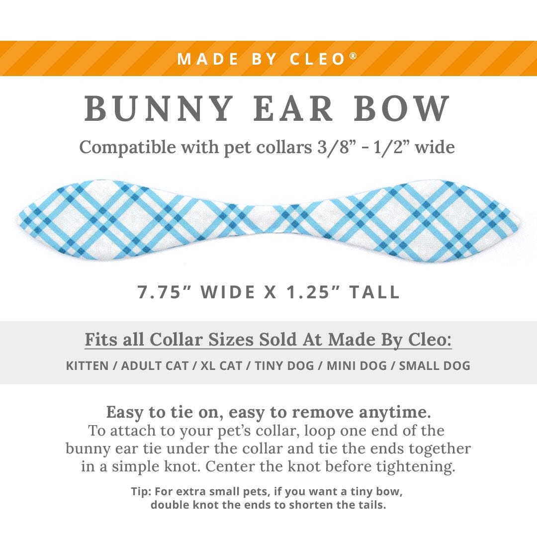Cat Collar and Bunny Ear Bow Set - "Skylight" - Windowpane Check Plaid Blue Cat Collar w/ Matching Bunny Bow Tie / Spring + Summer / Tie-On Scarf / Cat, Kitten + Small Dog Sizes