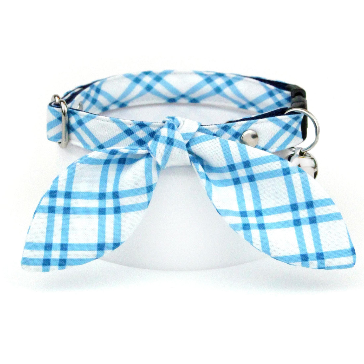 Cat Collar and Bunny Ear Bow Set - "Skylight" - Windowpane Check Plaid Blue Cat Collar w/ Matching Bunny Bow Tie / Spring + Summer / Tie-On Scarf / Cat, Kitten + Small Dog Sizes