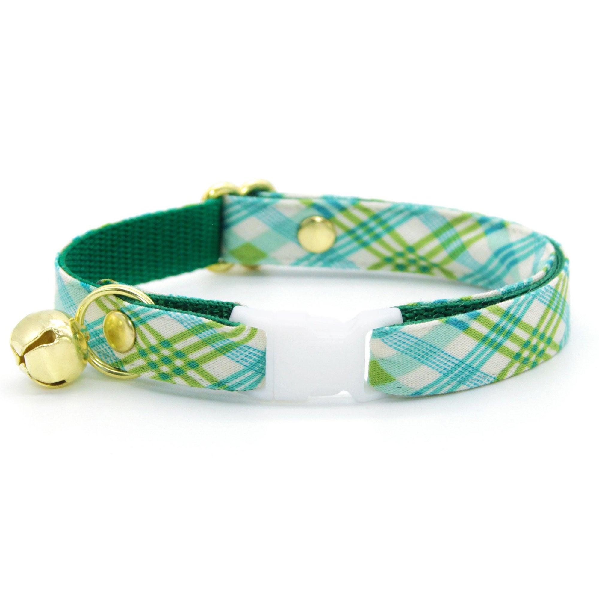 Cat Collar and Bunny Ear Bow Set - "Gable Plaid" - Teal & Green Plaid Cat Collar w/ Matching Bunny Bow Tie / Spring + Summer / Tie-On Scarf / Cat, Kitten + Small Dog Sizes