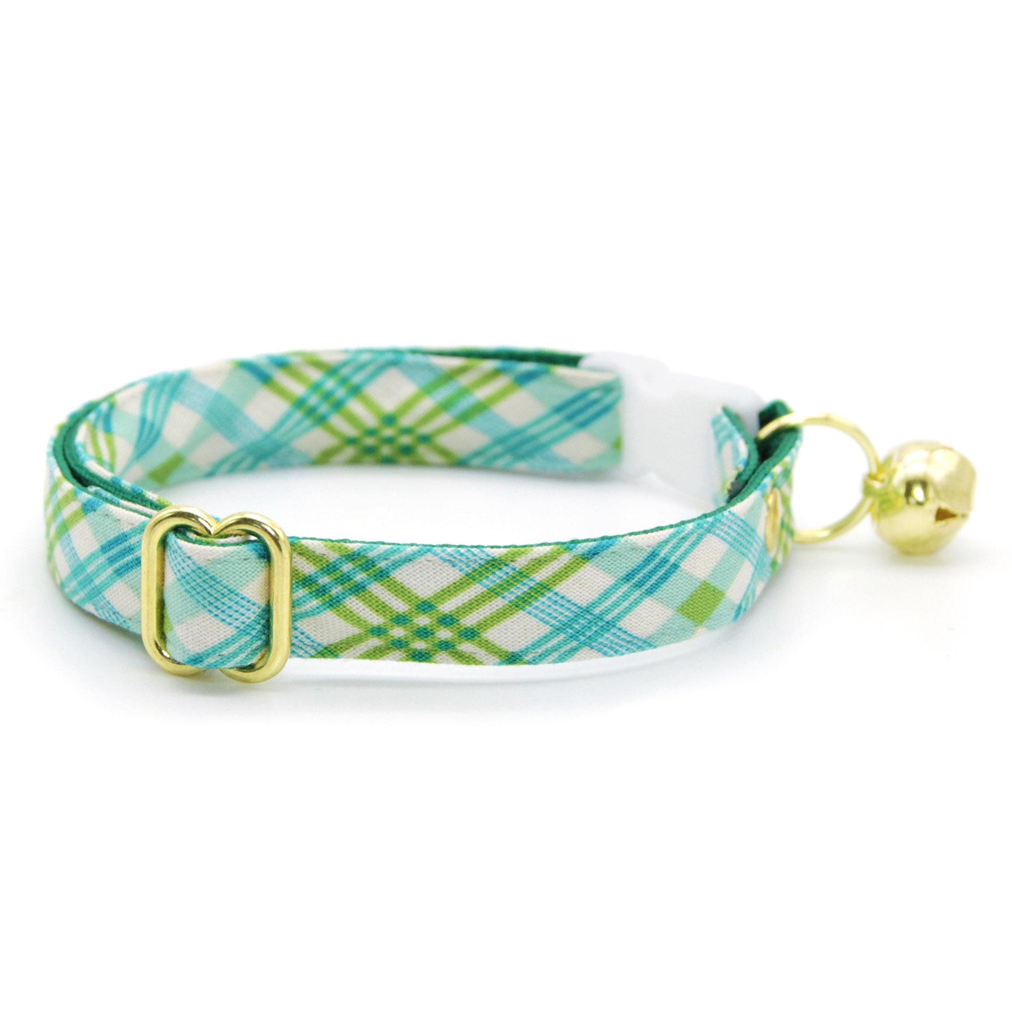Cat Collar and Bunny Ear Bow Set - "Gable Plaid" - Teal & Green Plaid Cat Collar w/ Matching Bunny Bow Tie / Spring + Summer / Tie-On Scarf / Cat, Kitten + Small Dog Sizes