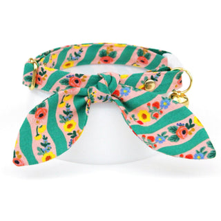 Cat Collar & Bunny Ear Bow Set - "Arbor Rose" - Rifle Paper Co® Pink & Green Floral Cat Collar w/ Matching Bunny Bow Tie / Spring + Summer / Tie-On Scarf / Cat, Kitten + Small Dog Sizes - Kitten (6-10) / Breakaway / Gold