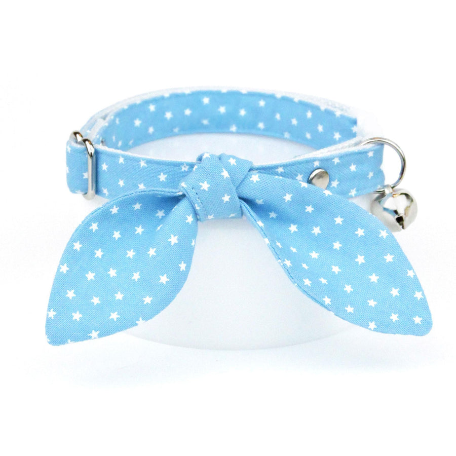 Cat Collar and Bunny Ear Bow Set - "Lucky Star" - Light Blue Chambray Star Cat Collar w/ Matching Bunny Bow Tie / Spring + Summer / Tie-On Scarf / Cat, Kitten + Small Dog Sizes