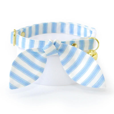 Cat Collar and Bunny Ear Bow Set - "Veranda - Blue" - Light Blue Striped Cat Collar w/ Matching Bunny Bow Tie / Spring, Summer, Seersucker Stripes / Cat, Kitten + Small Dog Sizes