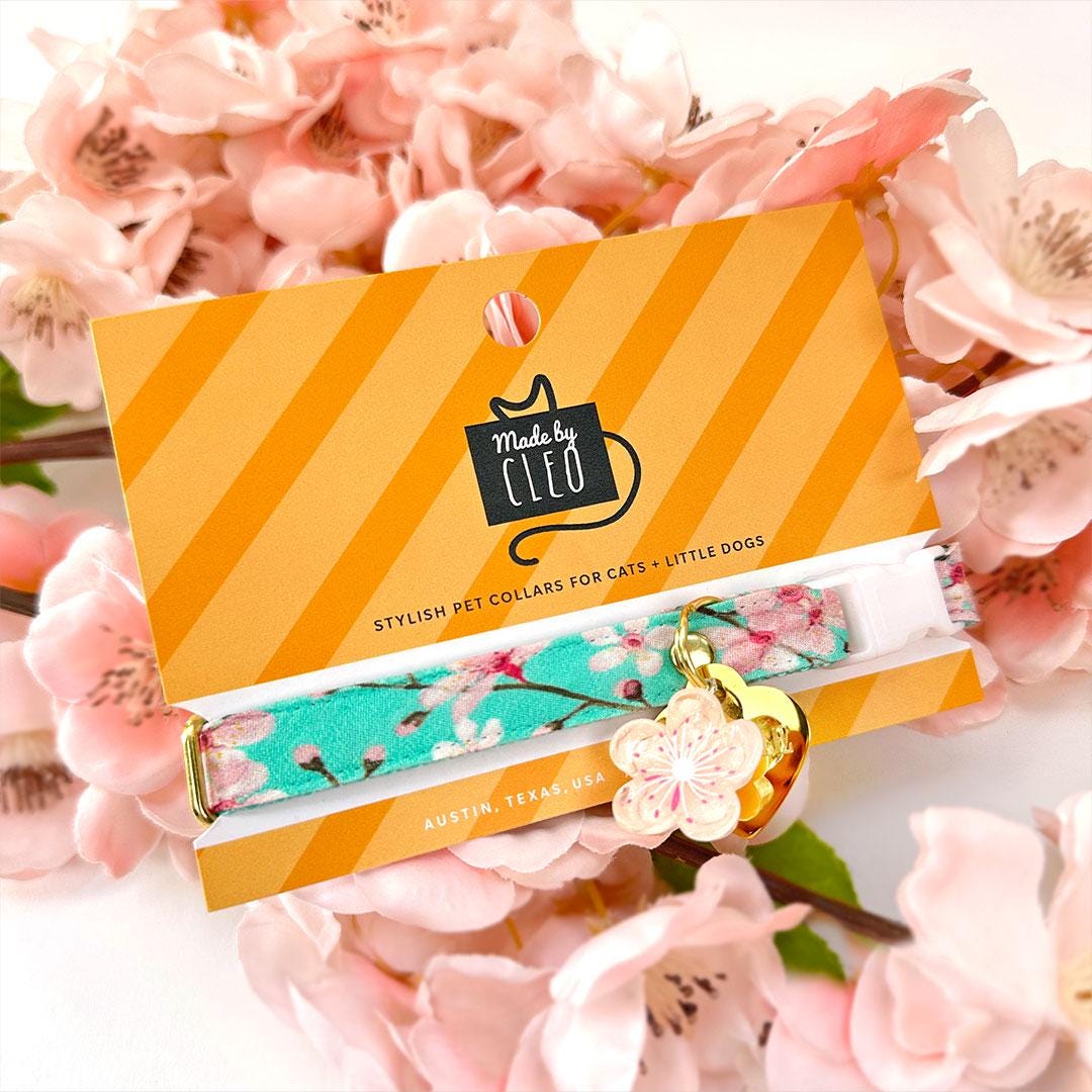 Cat Collar and Bunny Ear Bow Set - "Cherry Blossoms" - Mint Spring Floral Cat Collar w/ Matching Bunny Bow Tie / Spring, Japanese / Tie-On Scarf / Cat, Kitten + Small Dog Sizes