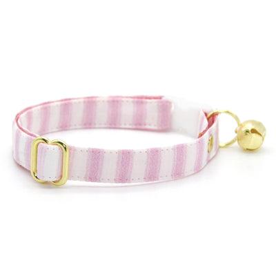 Cat Collar and Bunny Ear Bow Set - "Veranda - Pink" - Pastel Pink Striped Cat Collar w/ Matching Bunny Bow Tie / Spring, Summer, Seersucker Stripes / Cat, Kitten + Small Dog Sizes