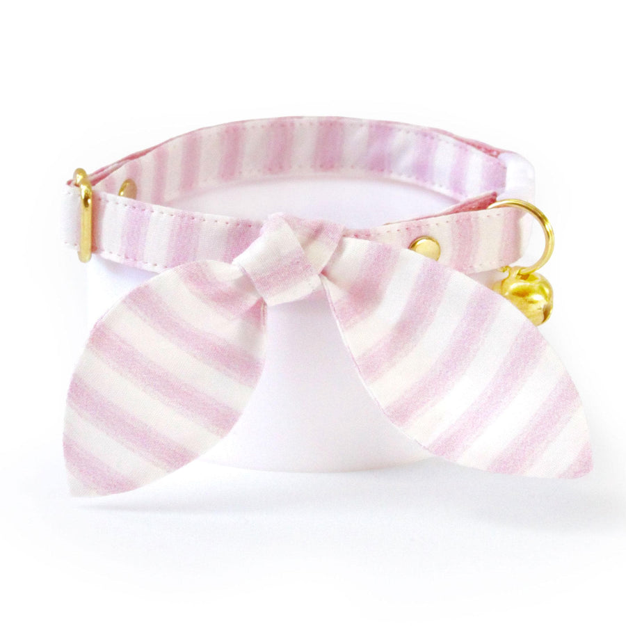 Cat Collar and Bunny Ear Bow Set - "Veranda - Pink" - Pastel Pink Striped Cat Collar w/ Matching Bunny Bow Tie / Spring, Summer, Seersucker Stripes / Cat, Kitten + Small Dog Sizes