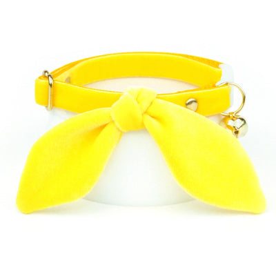 Cat Collar & Bunny Ear Bow Set - "Velvet - Lemon Yellow" - Baby Chick Yellow Velvet Cat Collar w/ Matching Bunny Bow Tie / Wedding, Birthday, Spring, Easter, Summer / Cat, Kitten + Small Dog Sizes