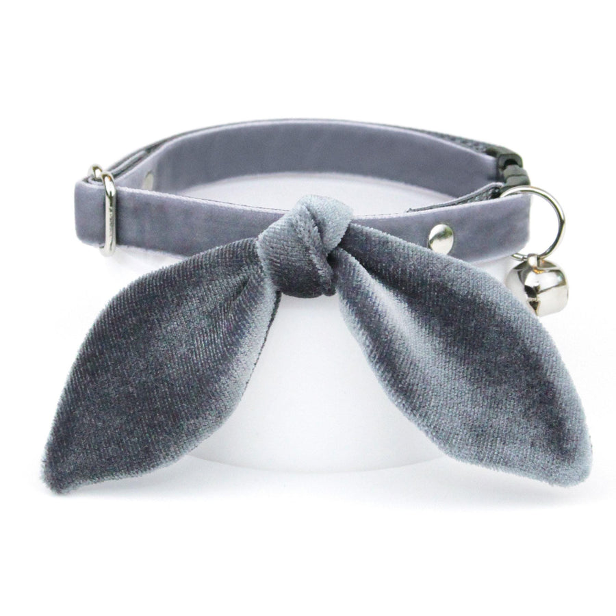 Cat Collar & Bunny Ear Bow Set - "Velvet - Storm Gray" - Dark Grey Velvet Cat Collar w/ Matching Bunny Bow Tie / Wedding, Birthday / Cat, Kitten + Small Dog Sizes