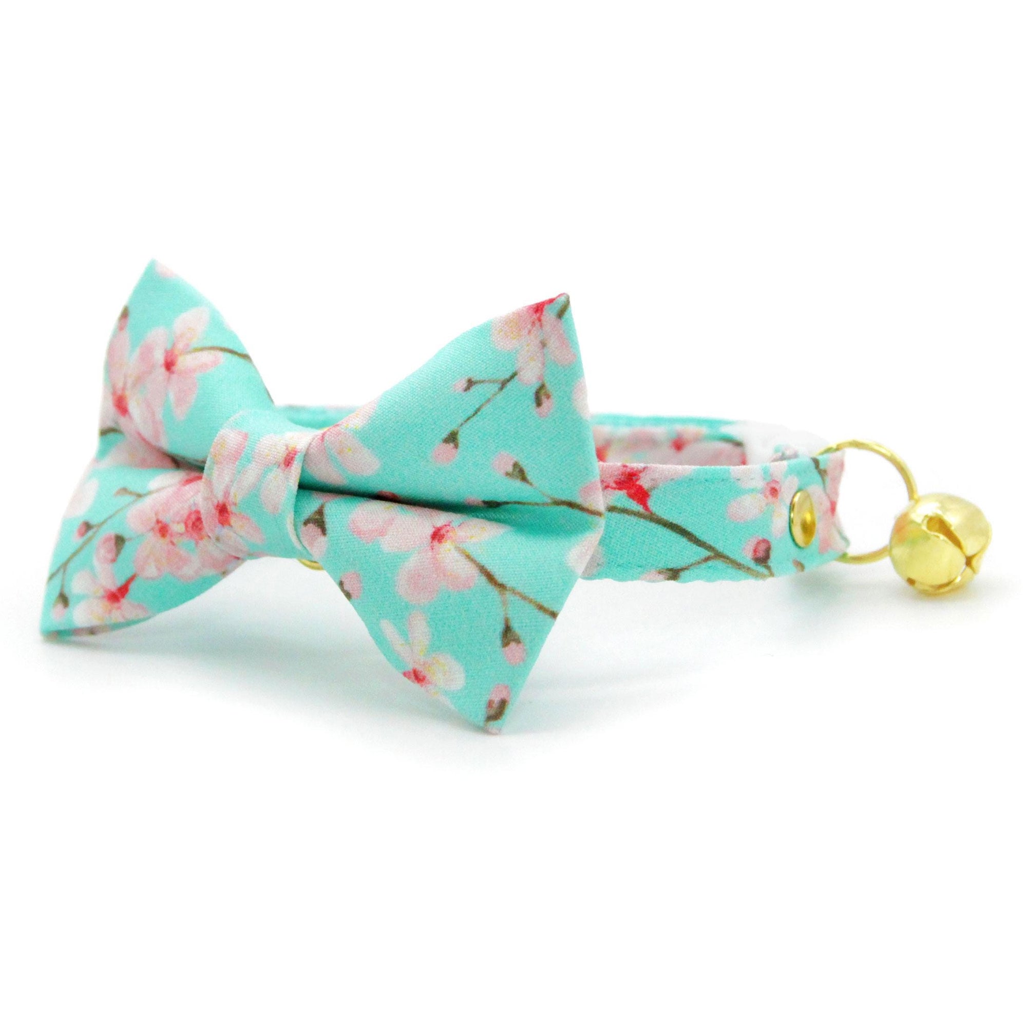 Cherry Blossom Bow Tie Cat Collar Set - "Cherry Blossoms" - Spring Floral Cat Collar with Bow Tie / Mint Turquoise, Japanese / Cat, Kitten, Small Dog Sizes