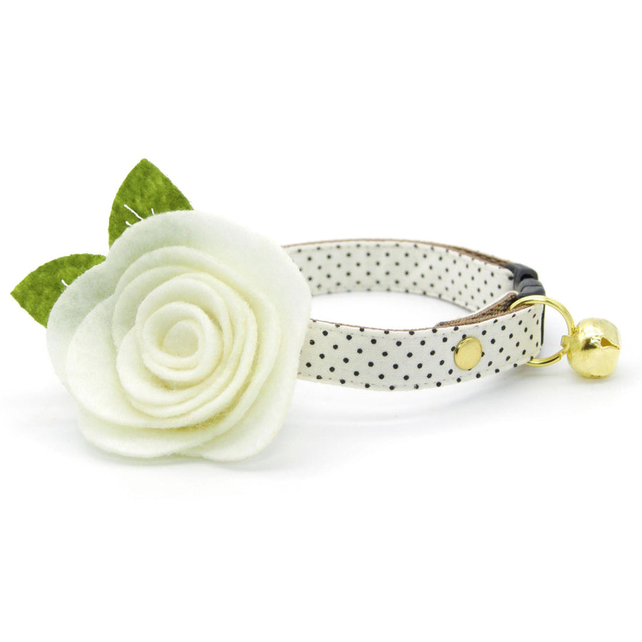 Polka Dot Cat Collar + Flower Set - "Biscotti" - Black Swiss Dots on Cream Polka Dot Cat Collar w/ Ivory Felt Flower (Detachable) / Cat, Kitten + Small Dog Sizes