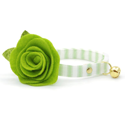 Striped Cat Collar + Flower Set - "Veranda - Green" - Seersucker Stripes Cat Collar w/ Leaf Green Felt Flower (Detachable) / Cat, Kitten + Small Dog Sizes