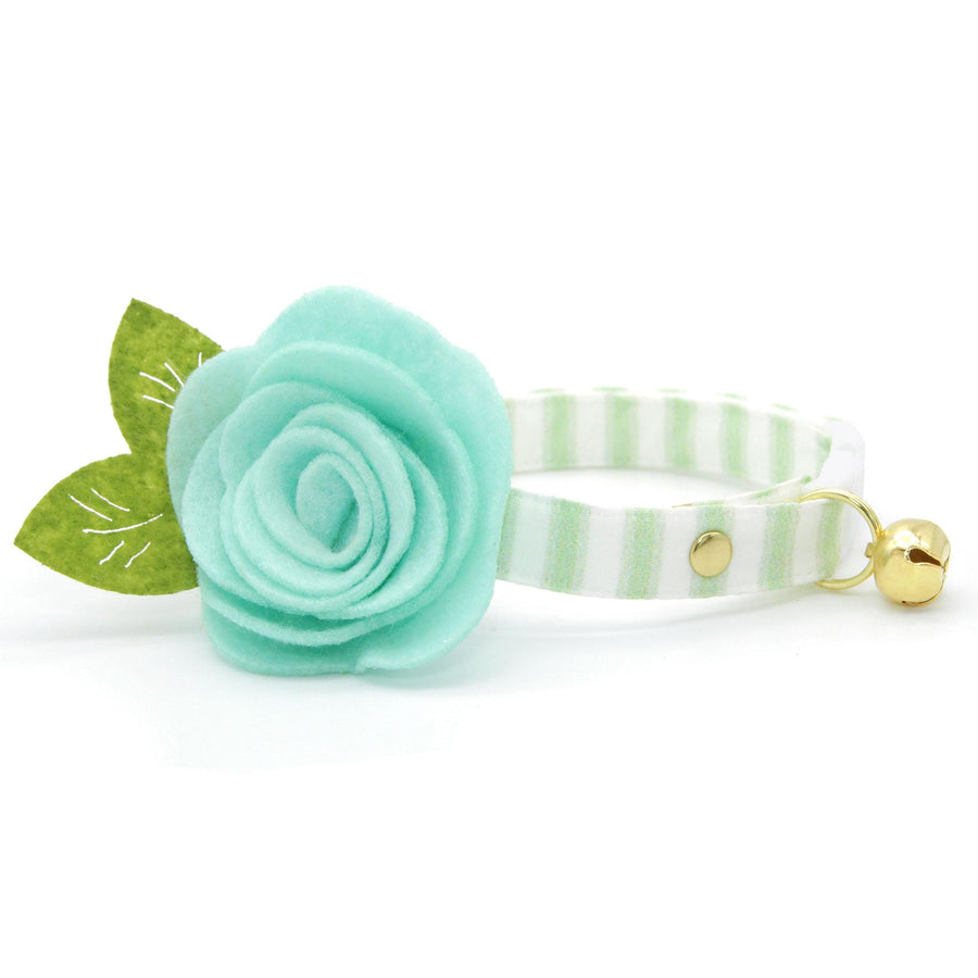 Striped Cat Collar + Flower Set - "Veranda - Green" - Seersucker Stripes Cat Collar w/ Mint Felt Flower / Spring, Wedding / Cat + Small Dog Sizes