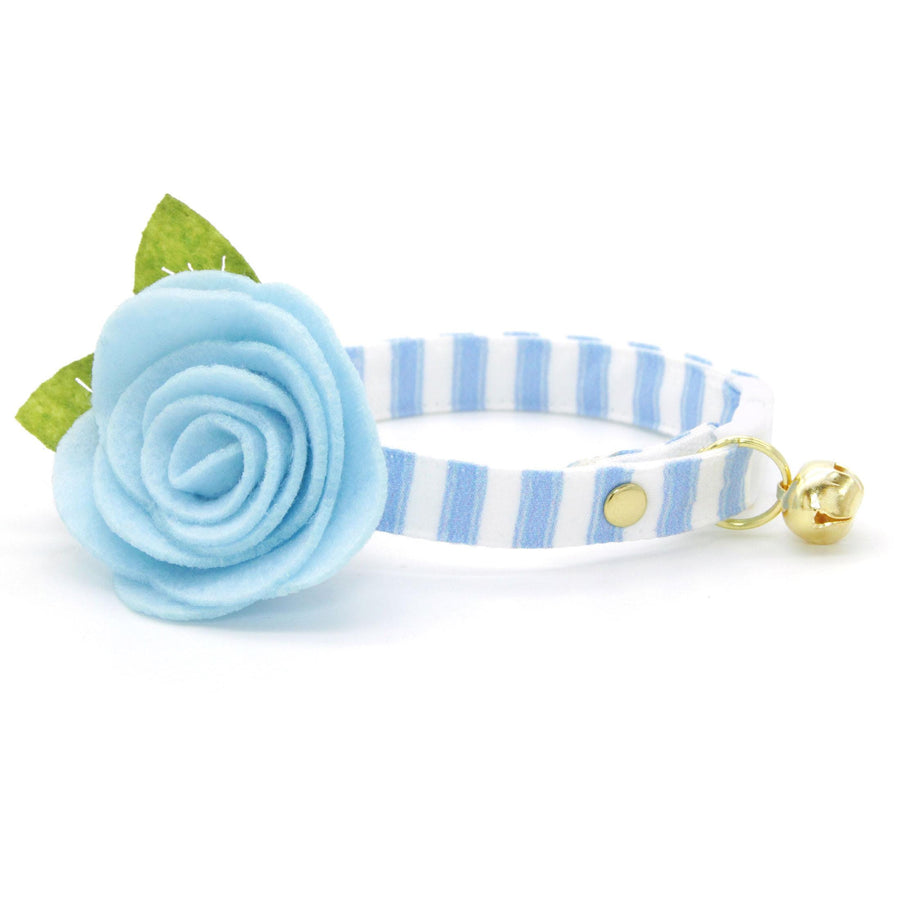 Striped Cat Collar + Flower Set - "Veranda - Blue" - Seersucker Stripes Cat Collar w/ Sky Blue Felt Flower (Detachable) / Cat, Kitten + Small Dog Sizes