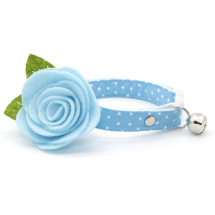 Chambray Cat Collar + Flower Set - "Lucky Star" - Light Blue Star Cat Collar w/ Sky Blue Felt Flower (Detachable) / Cat, Kitten + Small Dog Sizes