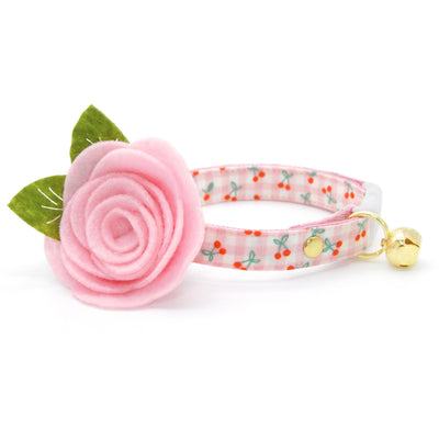 Gingham Cat Collar + Flower Set - "Cherry Jubilee" - Pink Cherries Cat Collar + Baby Pink Felt Flower (Detachable) / Cat, Kitten + Small Dog Sizes