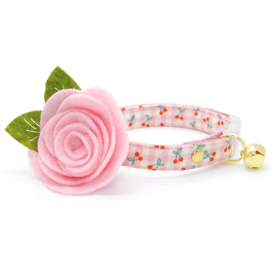 Gingham Cat Collar + Flower Set - "Cherry Jubilee" - Pink Cherries Cat Collar + Baby Pink Felt Flower (Detachable) / Cat, Kitten + Small Dog Sizes