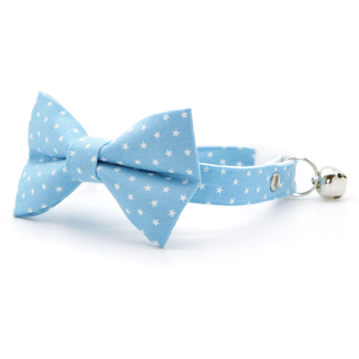 Chambray Bow Tie Cat Collar Set - "Lucky Star" - Light Blue Star Cat Collar with Bow Tie / Spring + Summer / Cat, Kitten, Small Dog Sizes