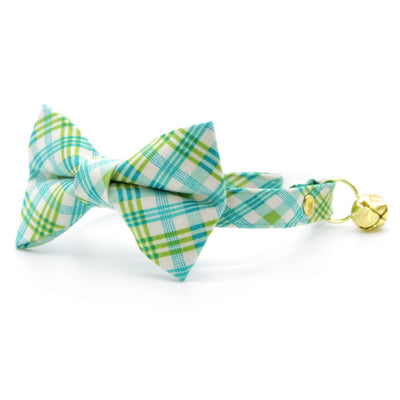 Green Plaid Bow Tie Cat Collar Set - "Gable Plaid" - Teal & Green Cat Collar with Bow Tie / Spring, Summer, Fall / Cat, Kitten, Small Dog Sizes