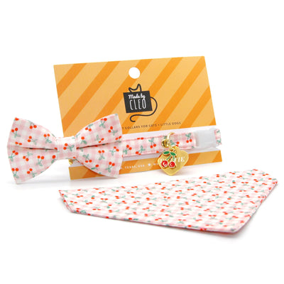 Cherry Cat Collar + Flower Set - "Cherry Jubilee" - Pink Gingham Cherries Cat Collar w/ Scarlet Felt Flower (Detachable) / Cat, Kitten + Small Dog Sizes