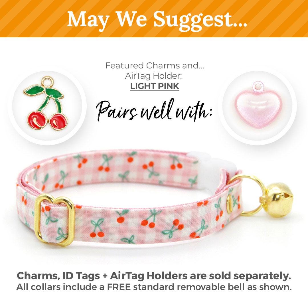 Cat Collar and Bunny Ear Bow Set - "Cherry Jubilee" - Pink Gingham Cat Collar w/ Matching Bunny Bow Tie / Spring + Summer / Tie-On Scarf / Cat, Kitten + Small Dog Sizes