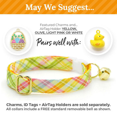Spring Plaid Cat Collar + Flower Set - "Spring Basket" - Easter Plaid Cat Collar w/ Buttercup Yellow Felt Flower (Detachable) / Cat, Kitten + Small Dog Sizes