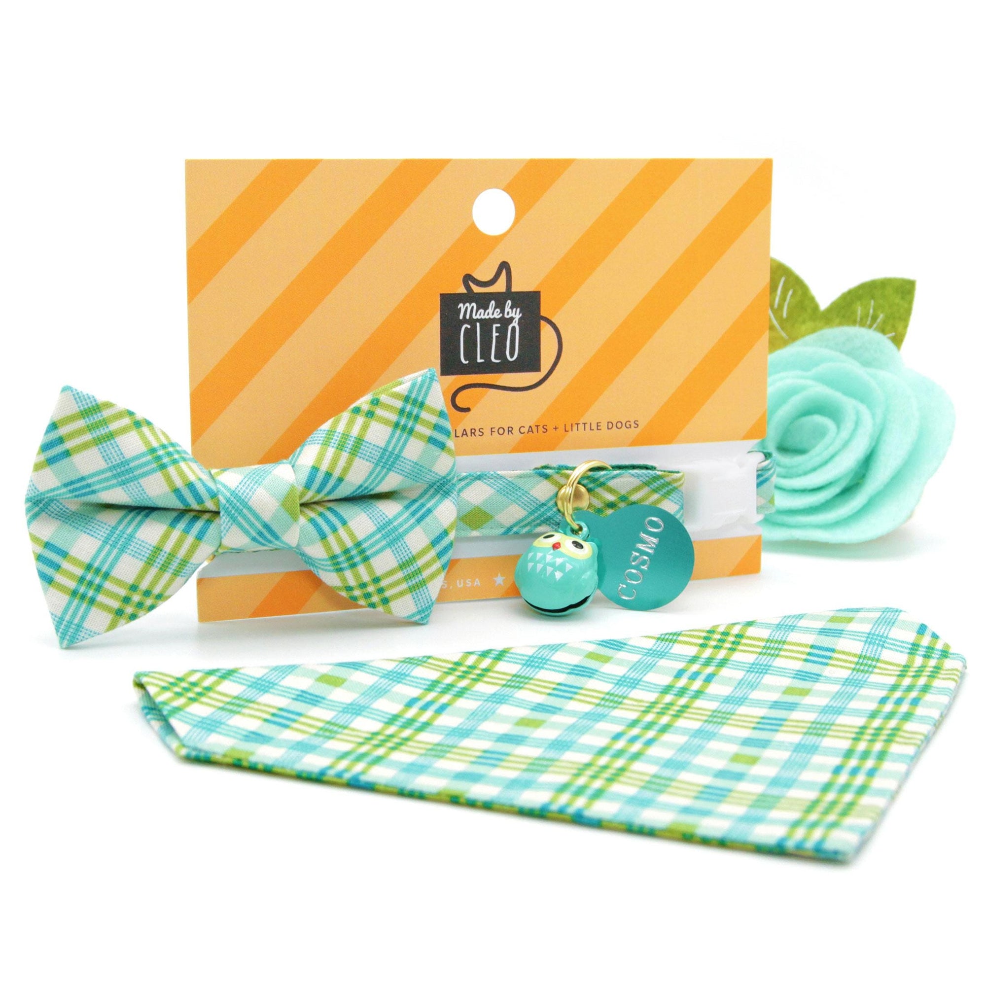 Green Plaid Bow Tie Cat Collar Set - "Gable Plaid" - Teal & Green Cat Collar with Bow Tie / Spring, Summer, Fall / Cat, Kitten, Small Dog Sizes