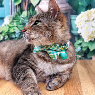 Cat Collar and Bunny Ear Bow Set - "Gable Plaid" - Teal & Green Plaid Cat Collar w/ Matching Bunny Bow Tie / Spring + Summer / Tie-On Scarf / Cat, Kitten + Small Dog Sizes