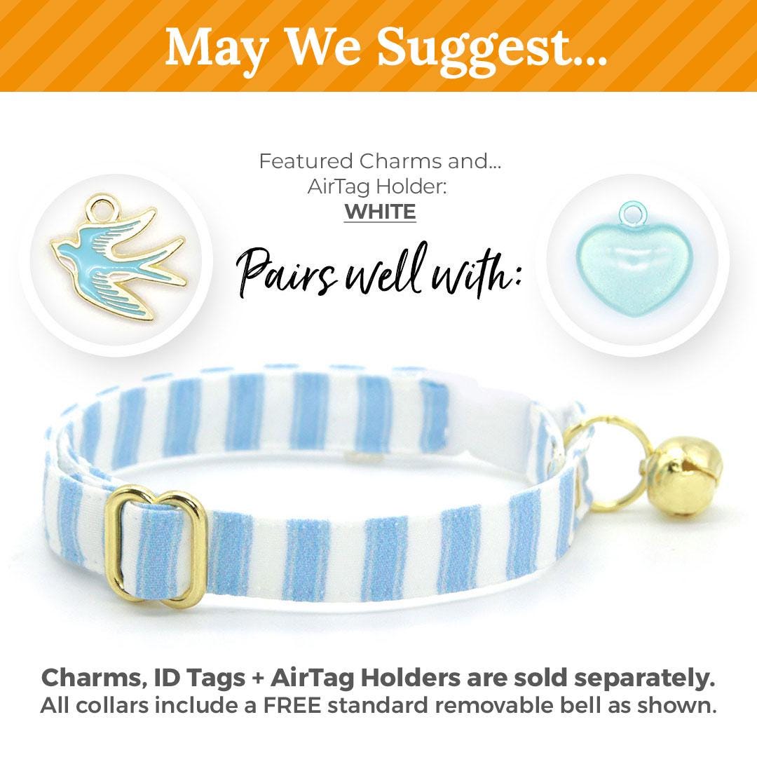 Striped Bow Tie Cat Collar Set - "Veranda - Blue" - Light Blue Stripes Cat Collar with Bow Tie / Spring, Summer, Seersucker, Derby, Wedding / Cat, Kitten, Small Dog Sizes