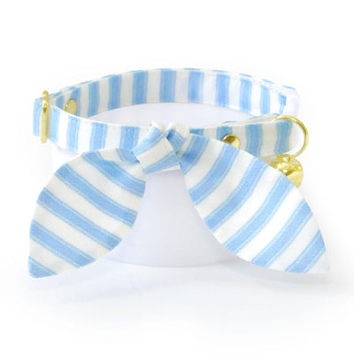 Blue Cat Collar - "Veranda - Blue" - Light Blue Striped Cat Collar / Spring, Summer, Seersucker / Breakaway Buckle or Non-Breakaway / Cat, Kitten + Small Dog Sizes