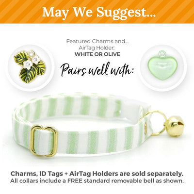 Green Cat Collar - "Veranda - Green" - Light Green Striped Cat Collar / Spring, Summer, Seersucker / Breakaway Buckle or Non-Breakaway / Cat, Kitten + Small Dog Sizes