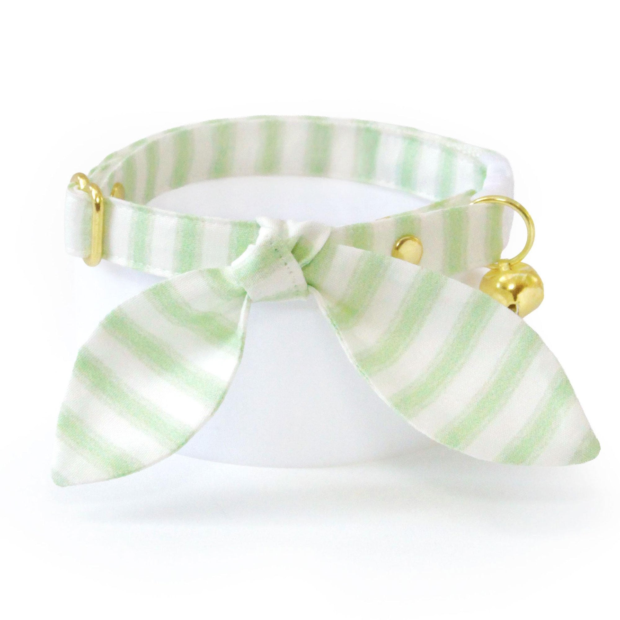 Green Cat Collar - "Veranda - Green" - Light Green Striped Cat Collar / Spring, Summer, Seersucker / Breakaway Buckle or Non-Breakaway / Cat, Kitten + Small Dog Sizes